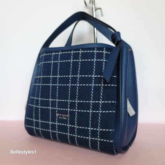 KATE SPADE Knott MEDIUM Denim Check & Leather Crossbody Tote- Indigo Multi⭐ - Picture 5 of 16